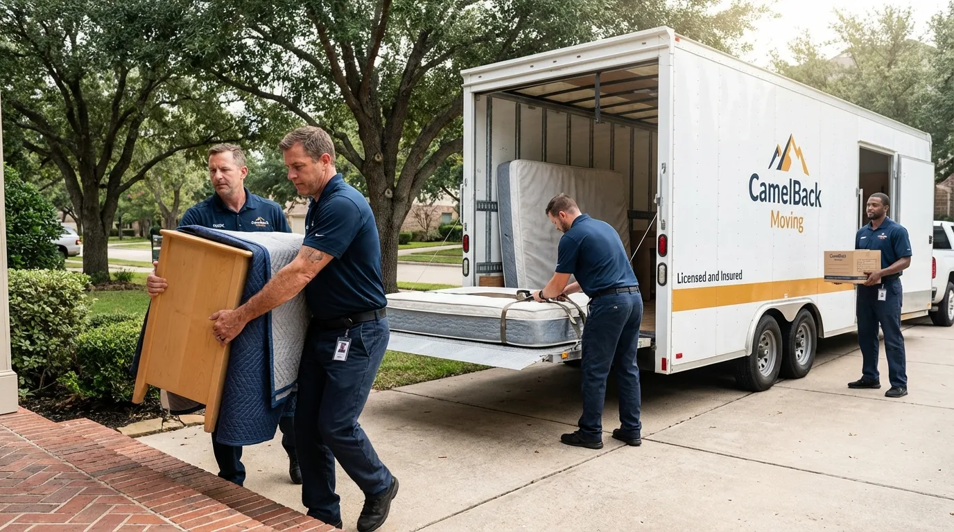 Crew loading residential truck for cross-state move from Belgrade, ME