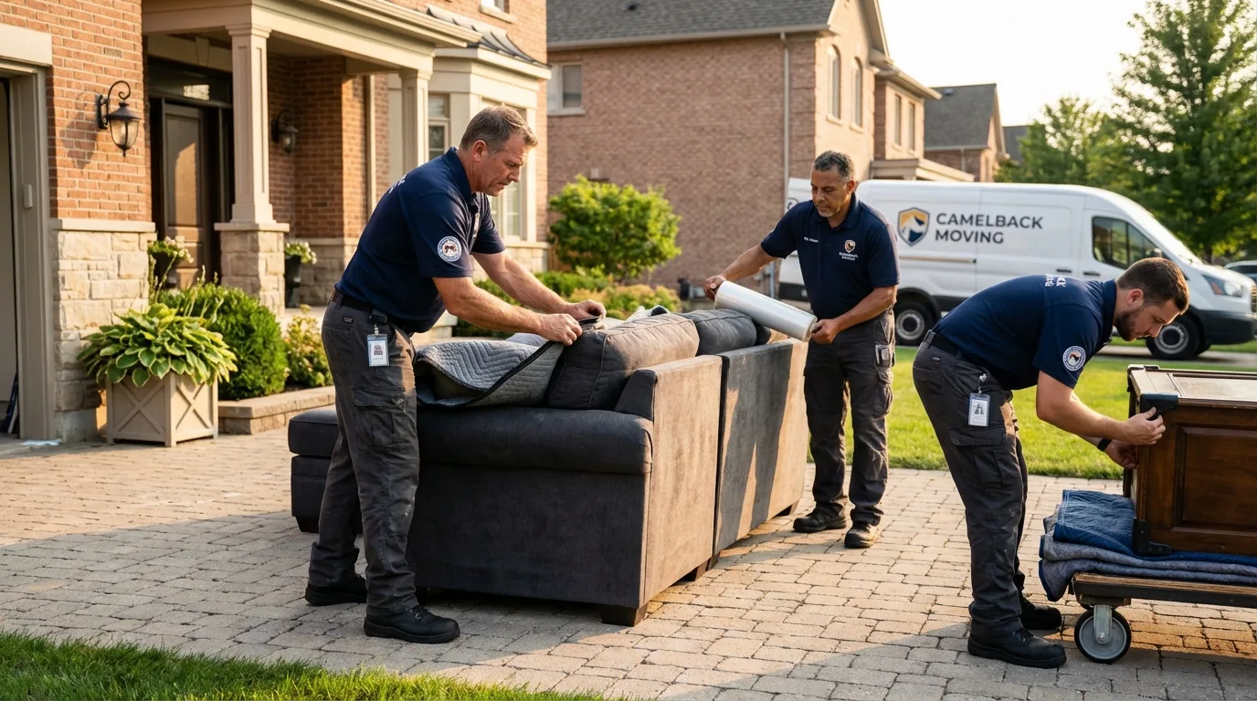 Large estate moving crew wrapping furniture in Belgrade, ME