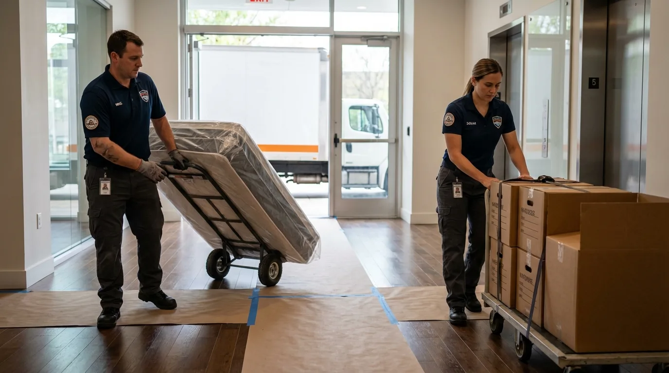 Professional apartment movers loading elevator in Belgrade, ME